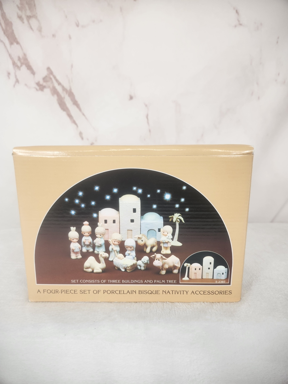 1982 Precious Moments Porcelain Bisque Nativity Buildings and Palm Tree #E-2387